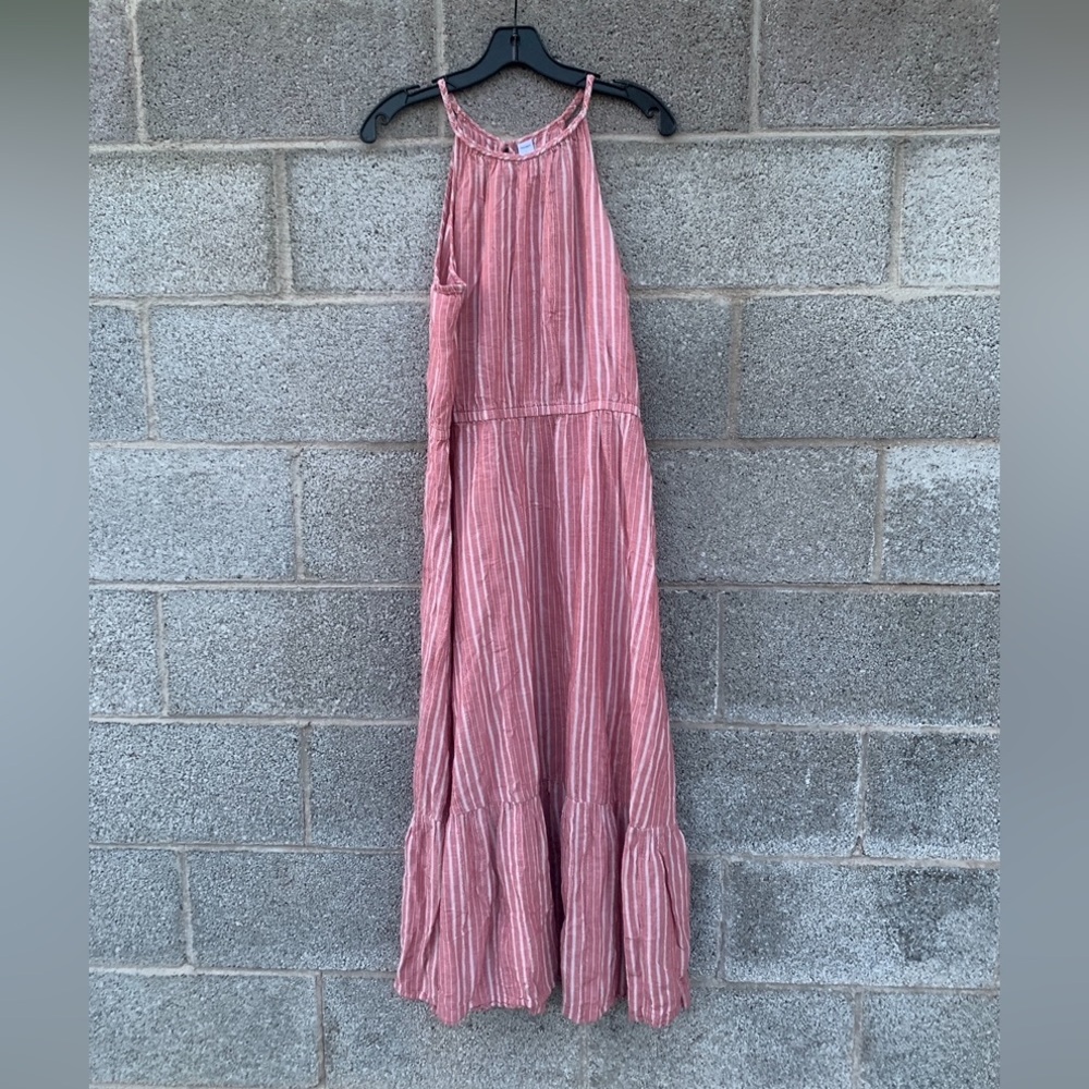 Old Navy Women Sun Dress  Red/ White Dobby Stripes Braided Neck MIDI Size Large